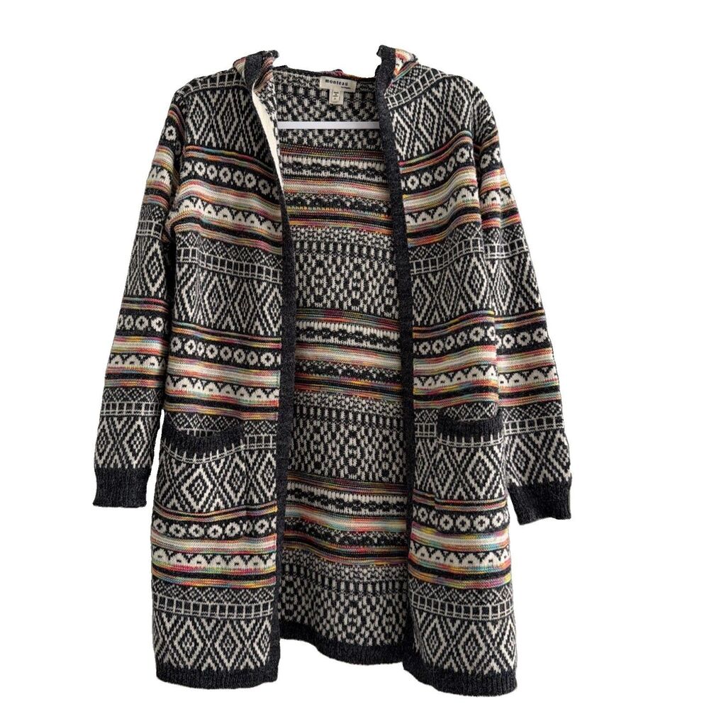 Monteau Hooded Fair Isle Cardigan S Boho Open Front Nordic Cottagecore hooded